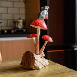 Wooden Mouse On Mushroom 9 Inch/22 cm, Figurine, Statue, Anniversary Gift, Wedding Patio Decor, Office Decor, Unique Gift - thumbnail 4