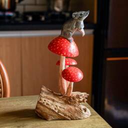 Wooden Mouse On Mushroom 9 Inch/22 cm, Figurine, Statue, Anniversary Gift, Wedding Patio Decor, Office Decor, Unique Gift - thumbnail 3