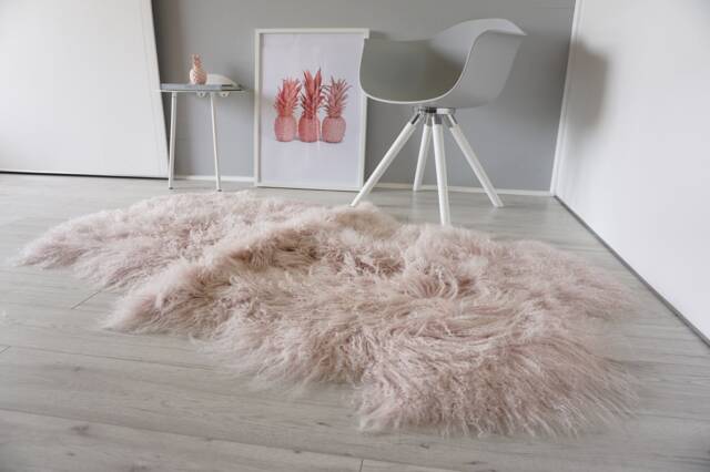 Blush Pink Mongolian Sheepskin Rug - Silky Long Curly Wool Quad Pelt - image 1