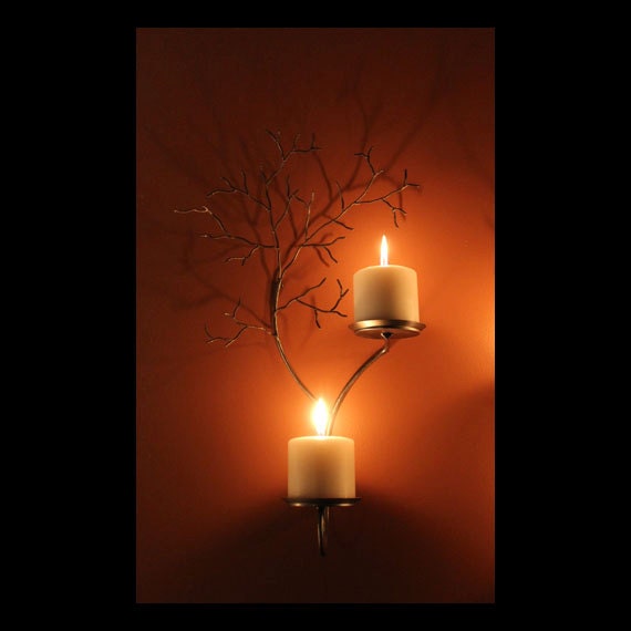 Large Left Hand Two Candle Metal Tree Sculpture Wall Sconces For Votive & Pillar Candles - image 1