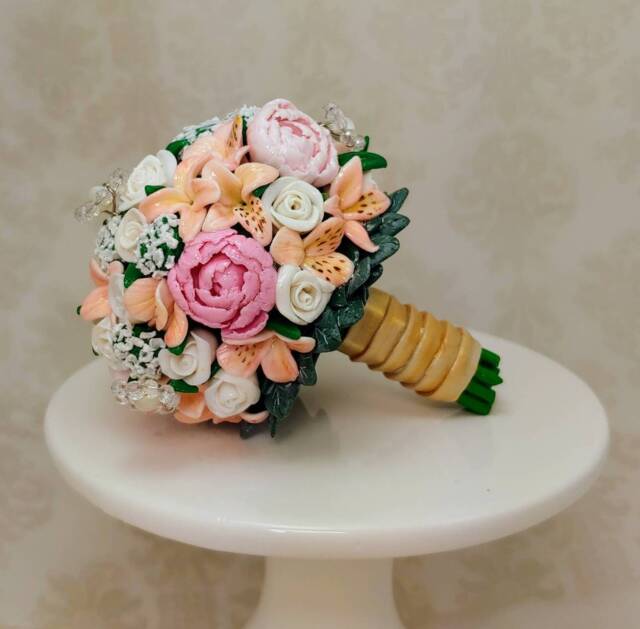 Wedding Bouquet Mini Replica Custom Ornament - Gift First Anniversary Newlyweds Clay Shop - image 1