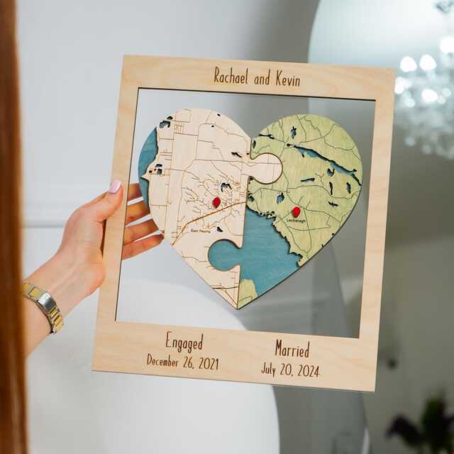 Puzzle Heart Map, Two Location Couple Keepsake For Engaged Married Story - image 1