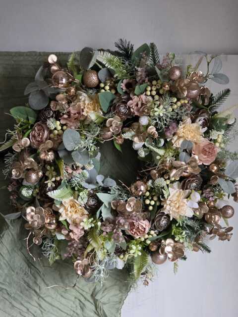Large Rose Gold Christmas Wreath For Front Door, Cream Dahlia, Peonies Winter Wreath, Gold Baubles, Frosted Eucalyptus Door Wreath, Pinecones Xxl - image 1