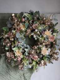 Large Rose Gold Christmas Wreath For Front Door, Cream Dahlia, Peonies Winter Wreath, Gold Baubles, Frosted Eucalyptus Door Wreath, Pinecones Xxl - thumbnail 1