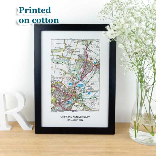 Personalised Os Map Print On Cotton Fabric, 2nd Anniversary Gift, Custom Special Location Wedding Gift For Husband Wife, Her - image 1