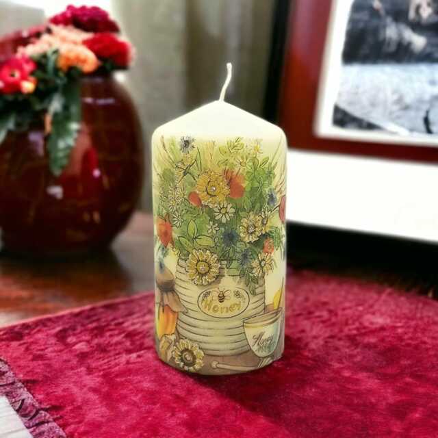 Hand-Decorated Wax Candle Honey Jar & Wildflower Design, Rustic Decor - 16cm Tall - image 1