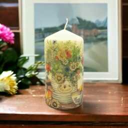 Hand-Decorated Wax Candle Honey Jar & Wildflower Design, Rustic Decor - 16cm Tall - thumbnail 3