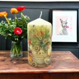 Hand-Decorated Wax Candle Honey Jar & Wildflower Design, Rustic Decor - 16cm Tall - thumbnail 2