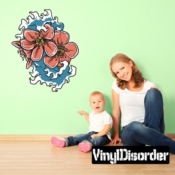 Japanese Floral Cherry Blossom Wall Decal - Fabric Vinyl Removable & Reusable Japanesefloraluscolor006Et
