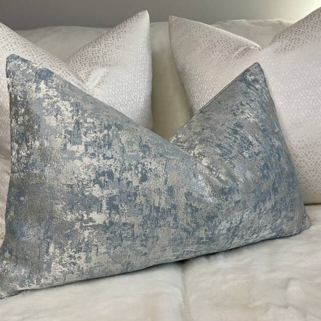 Luxury Venus Cushion Cover, Pillow Sham, Sky Blue Silver Shimmer Sofa Bed Designer Fabric Handmade Rectangle Double Sided - image 1