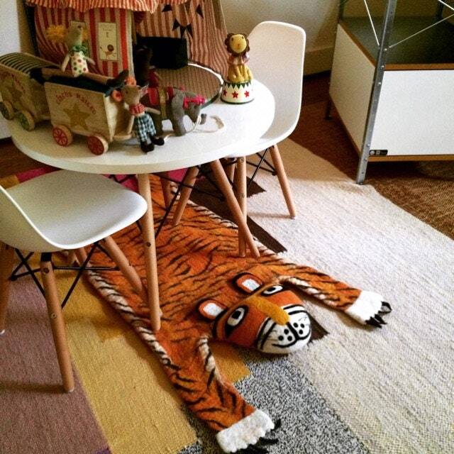 Handmade Wool Felt Tiger Rug, Kids Animal Play Mat - 45x17.5 In - image 1