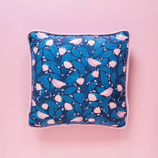 Blue Birdsong Handmade Sofa Throw Cushion - 35x35cm - Recycled Velvet Maximalist Style Home Decor Homeware Nyassa Hinde Illustration - image 1