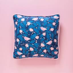 Blue Birdsong Handmade Sofa Throw Cushion - 35x35cm - Recycled Velvet Maximalist Style Home Decor Homeware Nyassa Hinde Illustration - thumbnail 1