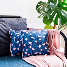 Blue Birdsong Handmade Sofa Throw Cushion - 35x35cm - Recycled Velvet Maximalist Style Home Decor Homeware Nyassa Hinde Illustration - thumbnail 2