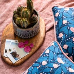 Blue Birdsong Handmade Sofa Throw Cushion - 35x35cm - Recycled Velvet Maximalist Style Home Decor Homeware Nyassa Hinde Illustration - thumbnail 3