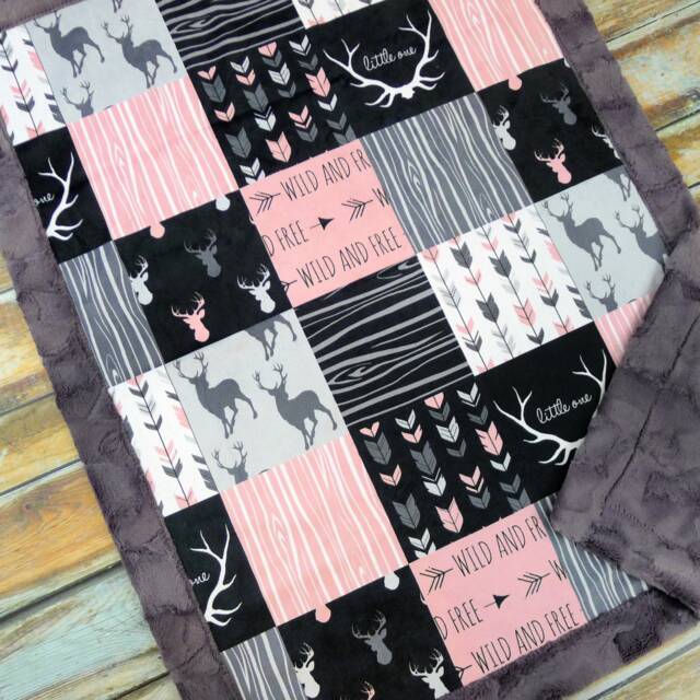Personalized Deer Baby Blanket - Faux Patchwork Quilt Little One Gift Girl Blankets - image 1