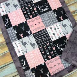 Personalized Deer Baby Blanket - Faux Patchwork Quilt Little One Gift Girl Blankets - thumbnail 1