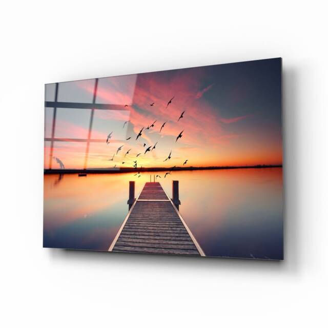 Sunset Dock Glass Wall Art - Serene Pier & Birds Over Water For Peaceful Nature-Inspired Home Decor - image 1