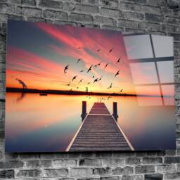 Sunset Dock Glass Wall Art - Serene Pier & Birds Over Water For Peaceful Nature-Inspired Home Decor - thumbnail 2