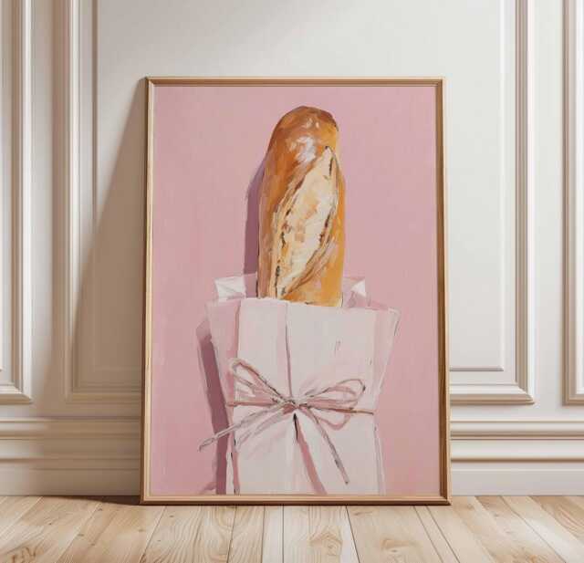 French Baguette Print, Pink Kitchen Wall Art, Paris Bakery Poster, Whimsical Bread Illustration, Minimalist Food Caf?? Decor - image 1