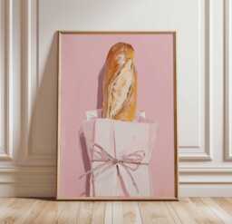 French Baguette Print, Pink Kitchen Wall Art, Paris Bakery Poster, Whimsical Bread Illustration, Minimalist Food Caf?? Decor - thumbnail 1