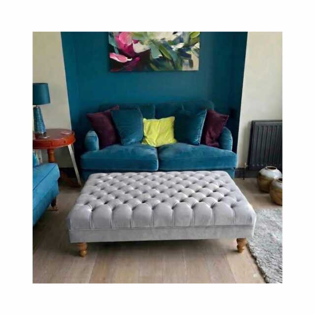 Chesterfield Plush Velvet Footstool - Natural Gloss Wooden Legs Footrest, Coffee Table For Living Room - image 1
