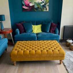 Chesterfield Plush Velvet Footstool - Natural Gloss Wooden Legs Footrest, Coffee Table For Living Room - thumbnail 2