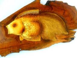 "Wood Carving Fish Hand Carved Natural Teak Wall Hanging Art Home Decor Handmade/Gift 17"" X 9.5" - thumbnail 2