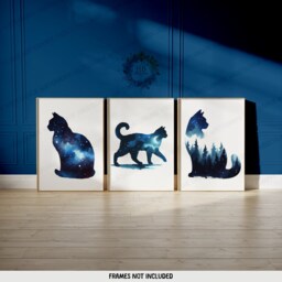 Blue Cat Prints - Set Of 3 Abstract Posters - Watercolour Artwork Cats Wall Hanging Home Decor Gift For Lover Vibrant - thumbnail 2