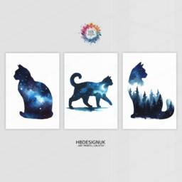 Blue Cat Prints - Set Of 3 Abstract Posters - Watercolour Artwork Cats Wall Hanging Home Decor Gift For Lover Vibrant - thumbnail 1