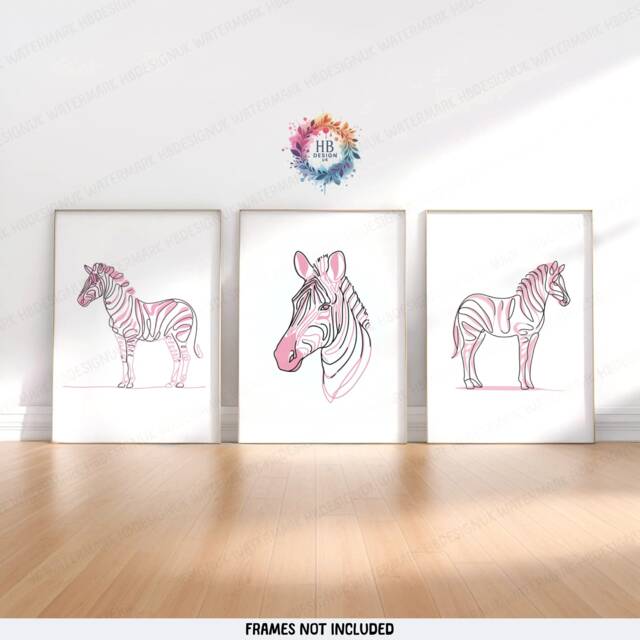 Minimal Zebra Prints - Set Of 3 Posters - Line Drawing Decor Print Animal Wall Art Wildlife Gift Pictures Zebras Pink Black White - image 1