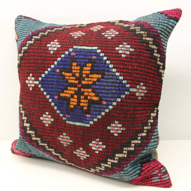 Vintage Turkish Kilim Pillow Cover 24x24, Handmade Wool Rustic Home Decor - image 1
