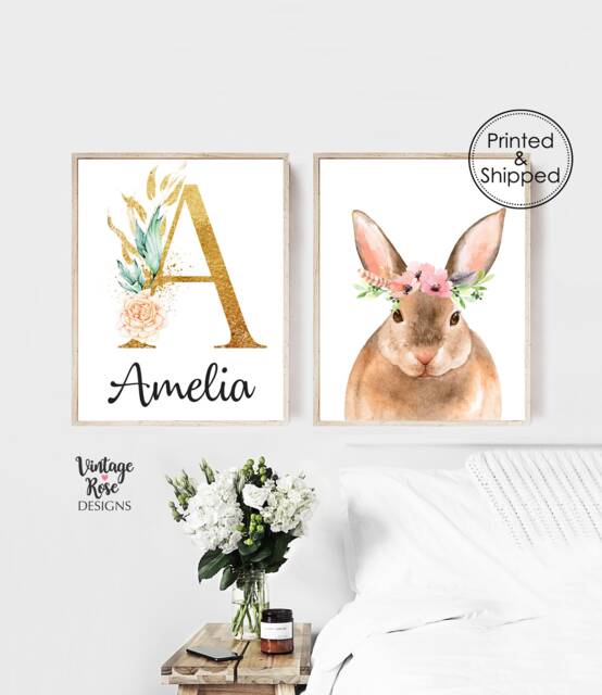 Gold Initial Personalised Print, Pink & Gold, Woodland Nursery Decor, Girls Bedroom Watercolour Animals, Animals Creatures - image 1