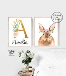 Gold Initial Personalised Print, Pink & Gold, Woodland Nursery Decor, Girls Bedroom Watercolour Animals, Animals Creatures - thumbnail 1