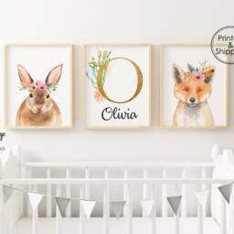 Gold Initial Personalised Print, Pink & Gold, Woodland Nursery Decor, Girls Bedroom Watercolour Animals, Animals Creatures - thumbnail 2