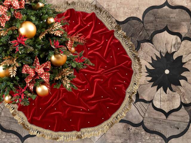 Embroidered Christmas Tree Skirt Red Velvet Gold Tassel - Can Be Personalized Stud Crystals On It Luxury Holiday Home Decor, Made in Ny - image 1