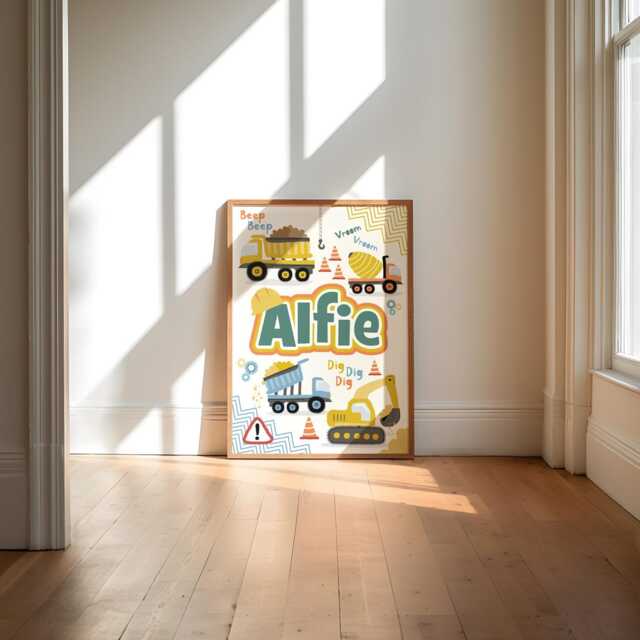 Personalised, Construction Vehicle, Boys Nursery Print, Trucks Digger, Transport Bedroom, Colourful Kids Toddler Wall Art, Playroom - image 1