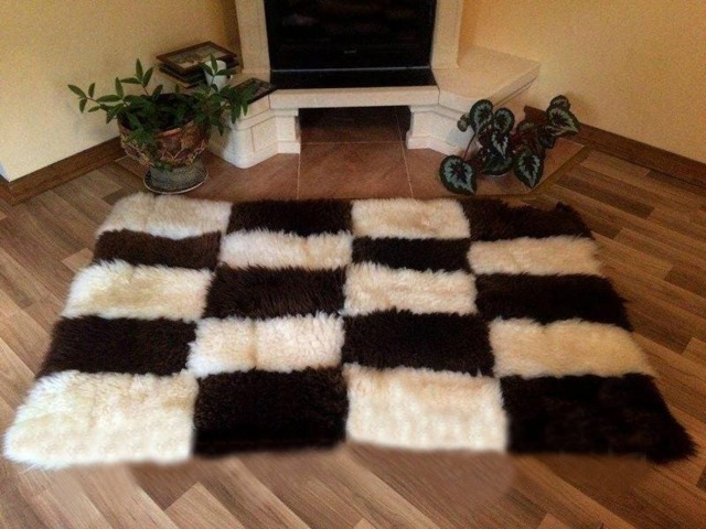 Handmade Sheepskin Chessboard Rug Wool & Leather, 160/110cm - image 1