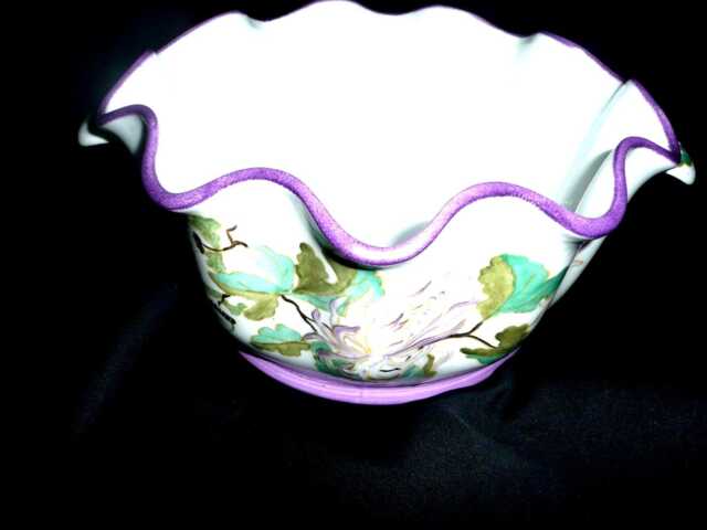 Hand-Painted Porcelain Planter Stylized Mauve & Yellow Chrysanthemums - image 1