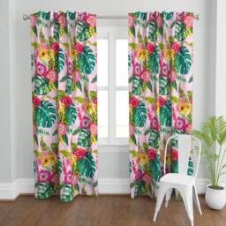 Tropical Monstera Curtain Panel - Green Pink Jungle Bohemian Floral Custom Boho By Theartwerks - thumbnail 2