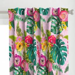 Tropical Monstera Curtain Panel - Green Pink Jungle Bohemian Floral Custom Boho By Theartwerks - thumbnail 1