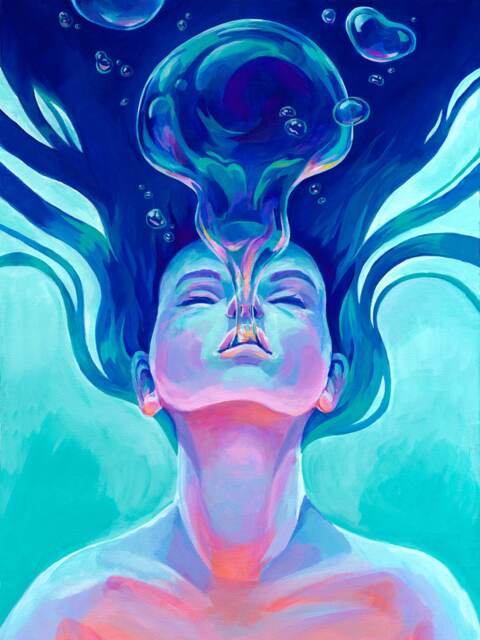 Breathe 18x24 Print - Acrylic Painting Art Reproduction Colorful Girl Colors Bubble Bubbles Underwater Float Teal Floating Water - image 1