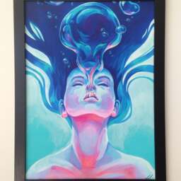 Breathe 18x24 Print - Acrylic Painting Art Reproduction Colorful Girl Colors Bubble Bubbles Underwater Float Teal Floating Water - thumbnail 2
