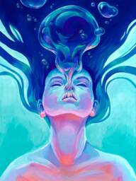 Breathe 18x24 Print - Acrylic Painting Art Reproduction Colorful Girl Colors Bubble Bubbles Underwater Float Teal Floating Water - thumbnail 1