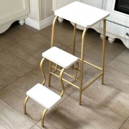 Step Ladder With Brass Color Legs, White Step Stool Adult, Library Ladder, Bar Stool, Tall Folding Chair, Wood Kitchen Island - thumbnail 1