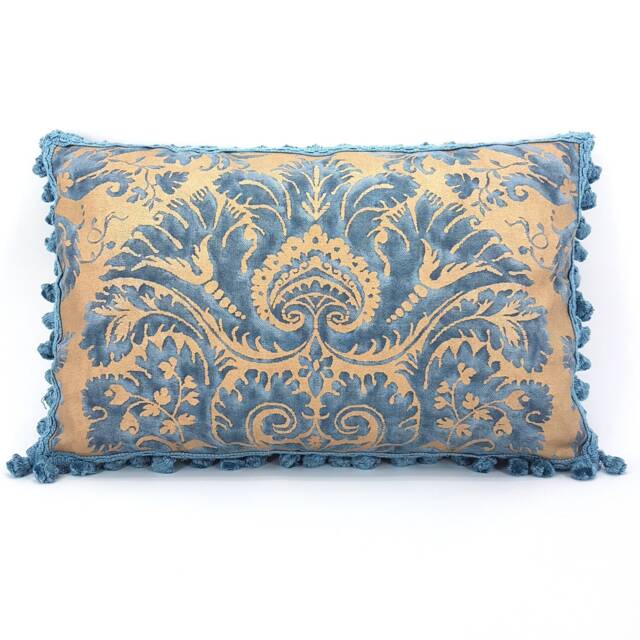 Fortuny Fabric Tassel Fringe Lumbar Throw Pillow Case Demedici Pattern in Blue & Gold Texture - Made Italy - image 1