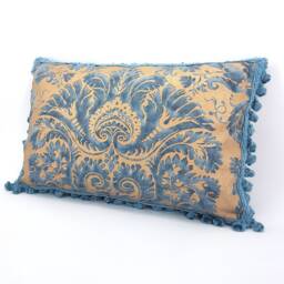 Fortuny Fabric Tassel Fringe Lumbar Throw Pillow Case Demedici Pattern in Blue & Gold Texture - Made Italy - thumbnail 3