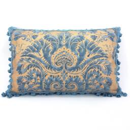 Fortuny Fabric Tassel Fringe Lumbar Throw Pillow Case Demedici Pattern in Blue & Gold Texture - Made Italy