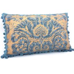 Fortuny Fabric Tassel Fringe Lumbar Throw Pillow Case Demedici Pattern in Blue & Gold Texture - Made Italy - thumbnail 2