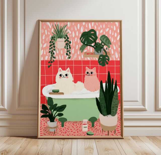 Cute Cats Bath Wall Art Poster Playful Bathroom Illustration Pink Green Cat Decor, Whimsical